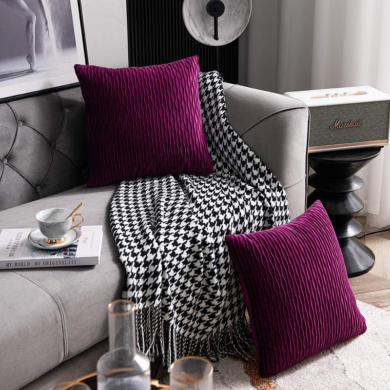 DEZENE 20x20 Purple Throw Pillow Cases: 2 Pack Original Striped Velvet Square Decorative Pillow Covers for Farmhouse Couch - Image 3